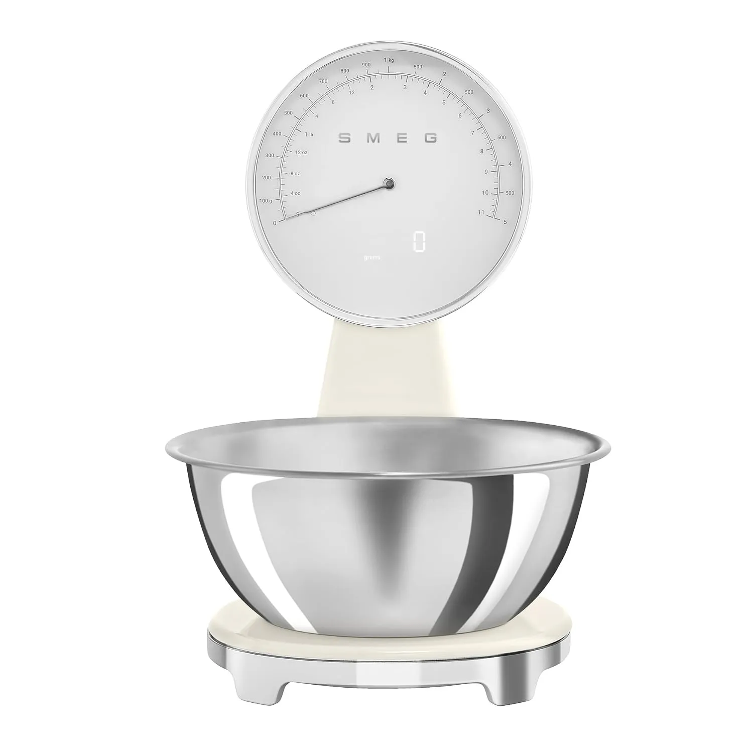 SMEG Retro-Style Analog & Digital Kitchen Scale, 11 lb Capacity, Rechargeable Battery, Backlit LCD Display, Stainless Steel Bowl (Cream)