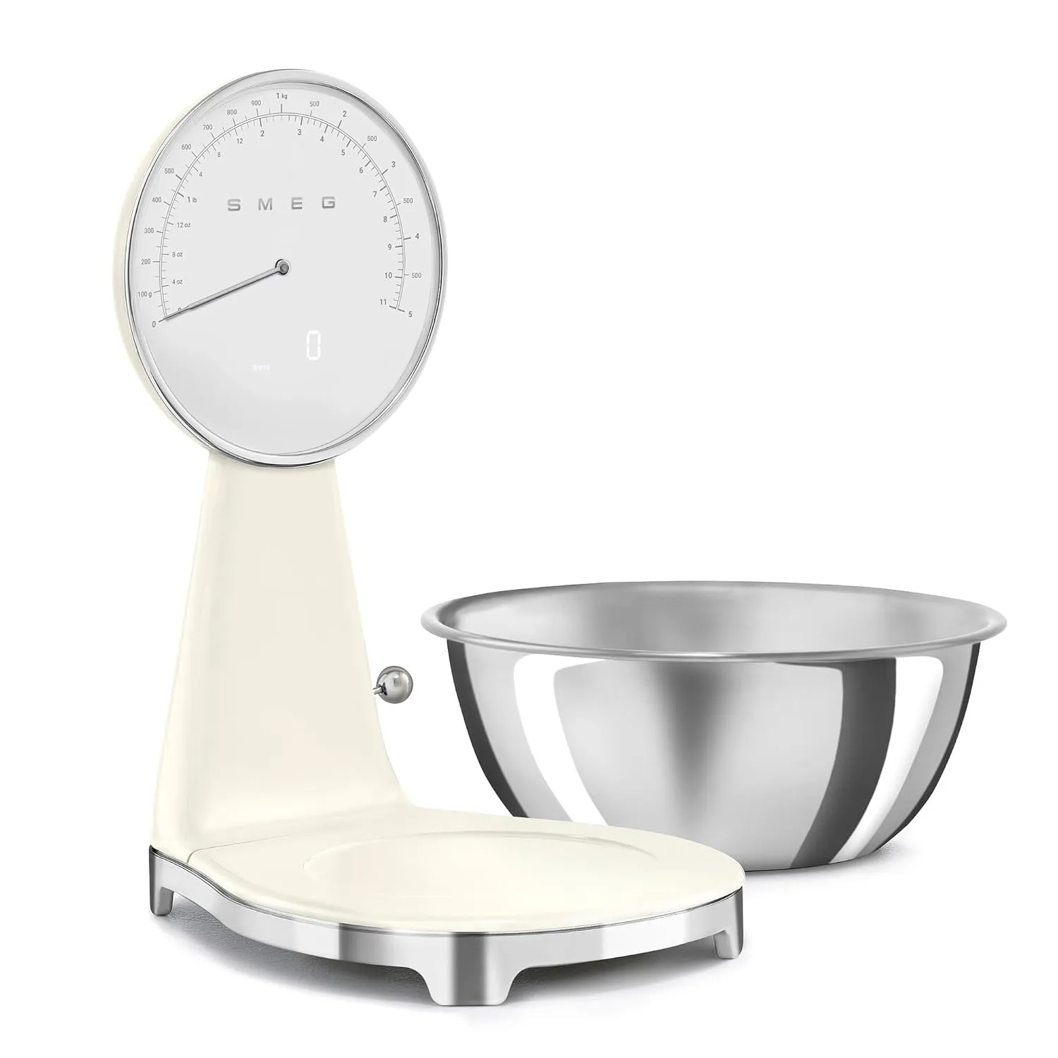 SMEG Retro-Style Analog & Digital Kitchen Scale, 11 lb Capacity, Rechargeable Battery, Backlit LCD Display, Stainless Steel Bowl (Cream)