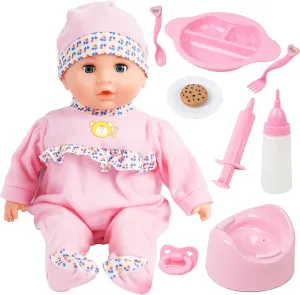 SMILESSKIDDO Interactive Baby Doll Pink - 16 Inch Crying Talking Feeding Dolls with Different Sounds and Accessories, Pretend Play Preschool Toys for 2 3 4 5  Year Old Girls Boys Gift