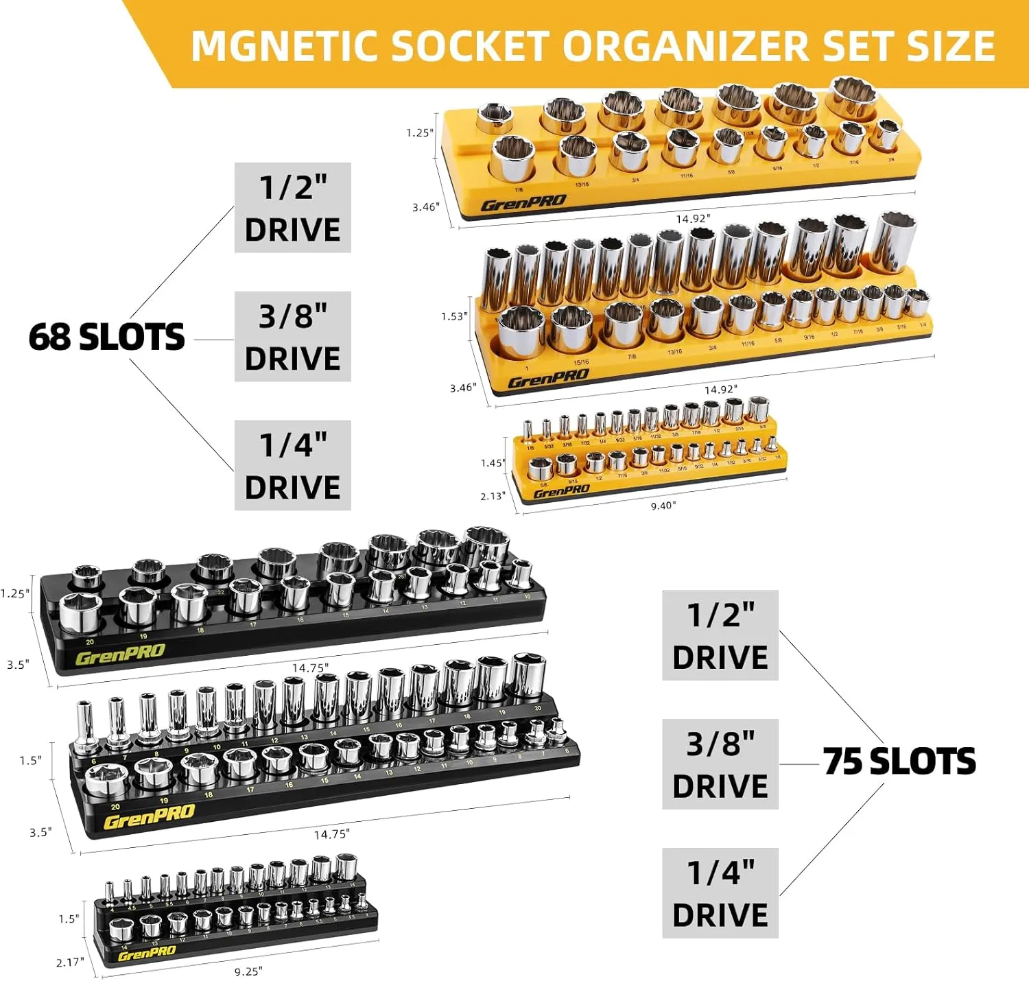 Socket Organizer for Tool Box Drawer, GRENPRO 6pc 143 Metric & SAE Magnetic Socket Holder, 1/4", 3/8", 1/2" Drive Socket Tray Set, Magnetic Socket Organizer