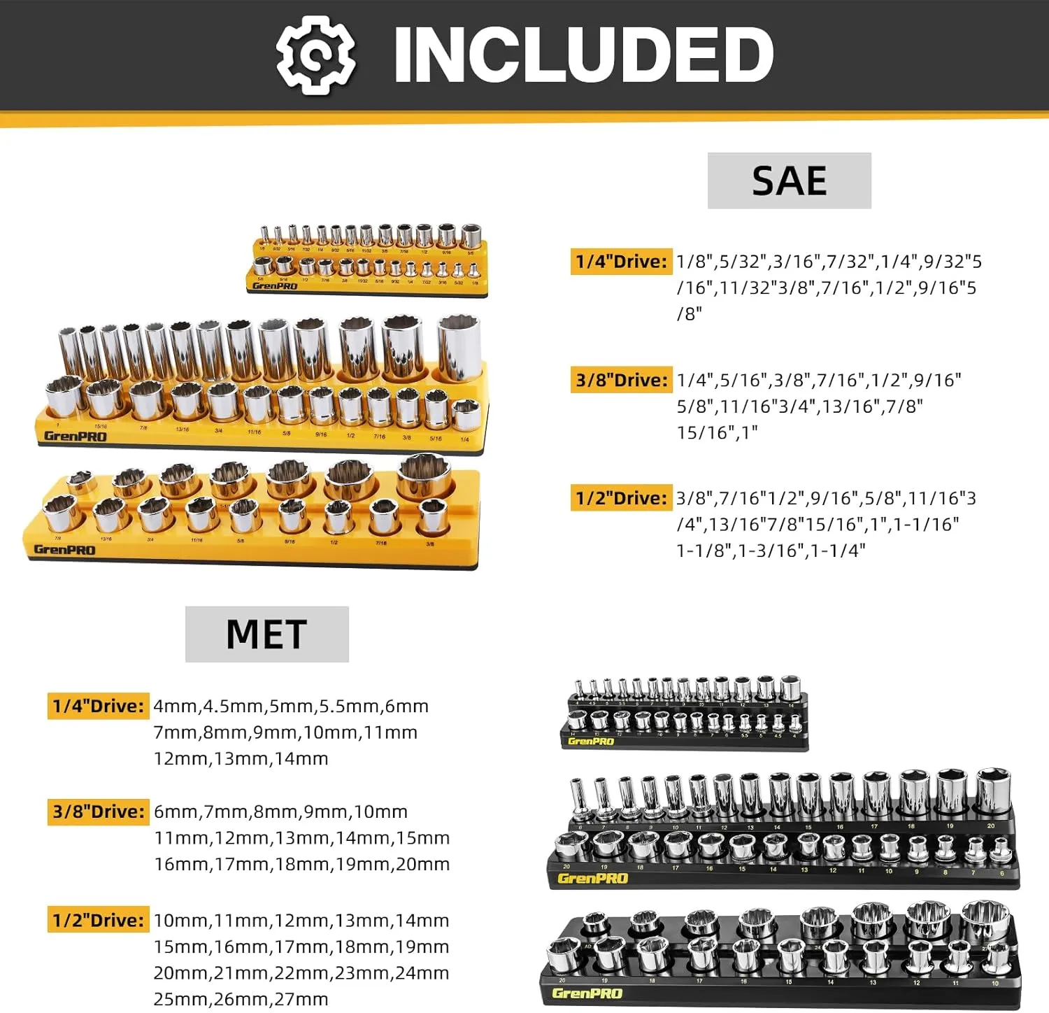 Socket Organizer for Tool Box Drawer, GRENPRO 6pc 143 Metric & SAE Magnetic Socket Holder, 1/4", 3/8", 1/2" Drive Socket Tray Set, Magnetic Socket Organizer