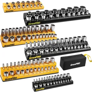 Socket Organizer for Tool Box Drawer, GRENPRO 6pc 143 Metric & SAE Magnetic Socket Holder, 1/4", 3/8", 1/2" Drive Socket Tray Set, Magnetic Socket Organizer