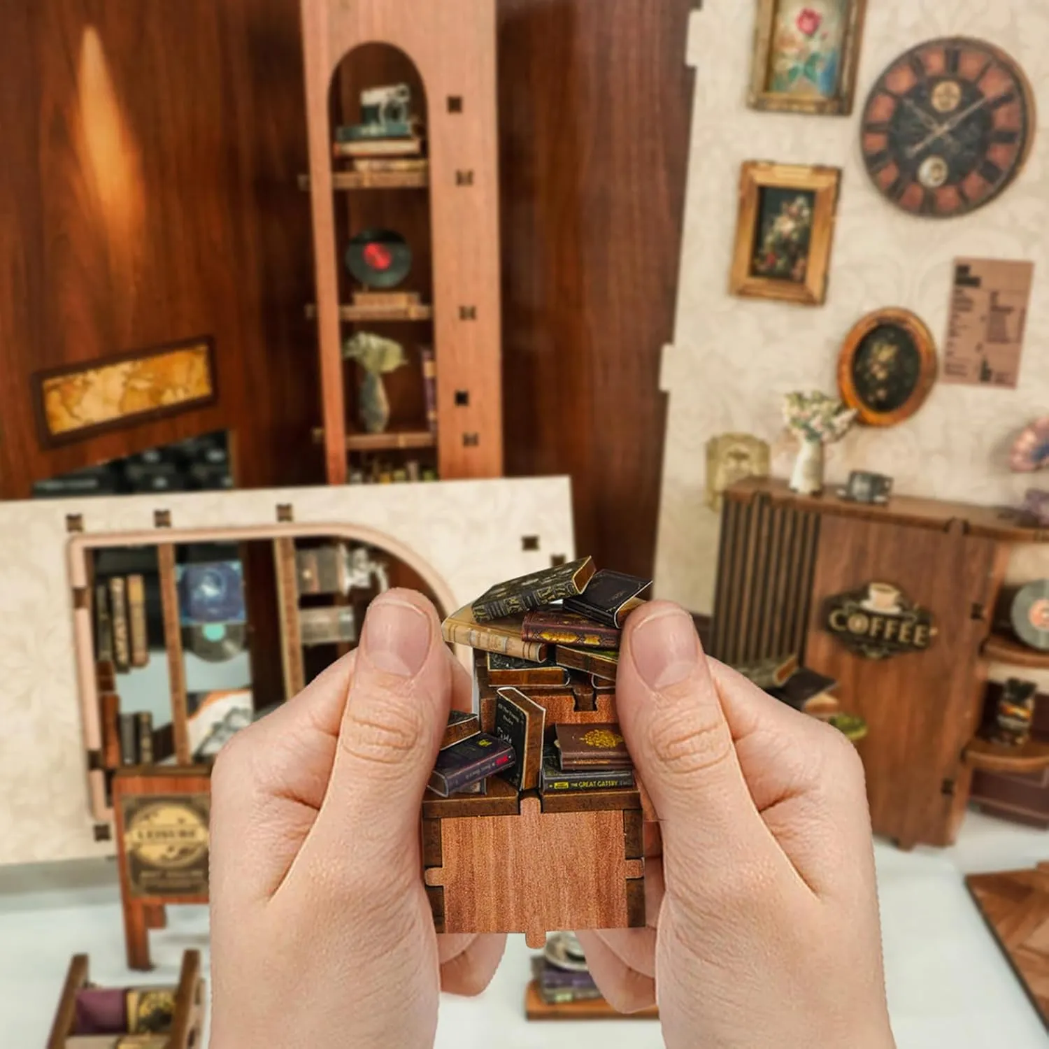 Spilay DIY Book Nook Kit Dollhouse DIY Miniature Wooden Furniture Kit,Mini Handmade Doll House Model, Bookends Model Kit with dust Cover & LED for Teens and Adults Gifts