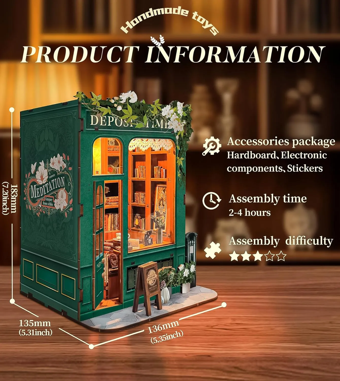 Spilay DIY Book Nook Kit Dollhouse DIY Miniature Wooden Furniture Kit,Mini Handmade Doll House Model, Bookends Model Kit with dust Cover & LED for Teens and Adults Gifts