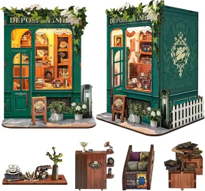 Spilay DIY Book Nook Kit Dollhouse DIY Miniature Wooden Furniture Kit,Mini Handmade Doll House Model, Bookends Model Kit with dust Cover & LED for Teens and Adults Gifts