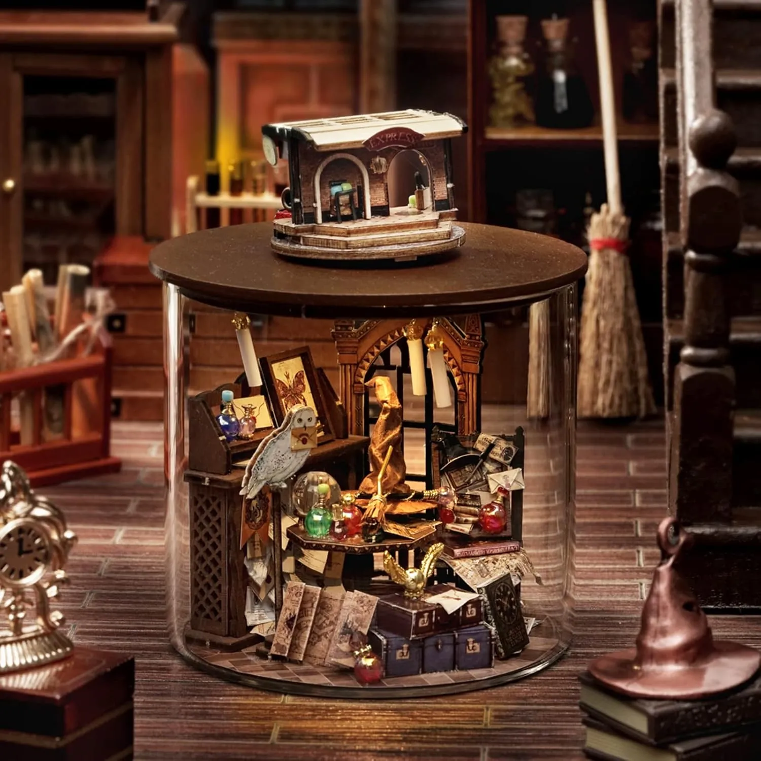 Spilay Dollhouse DIY Miniature Wooden Furniture Kit,Mini Handmade Doll House Model with Dust Cover & LED,1:24 Scale Creative Woodcrafts Toys for Adult Friend Lover Birthday Gift (Time Magic)