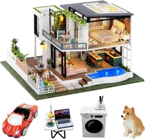 Spilay Dollhouse Miniature with Furniture,DIY Wooden Crafts Doll House Mini Handmade Kit,1:24 Scale Creative Room Idea Gift for Adult Friend Lover (West Creek House with Dust Cover Music Box Car)
