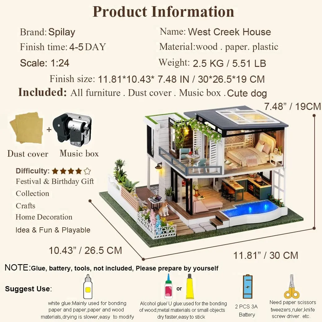Spilay Dollhouse Miniature with Furniture,DIY Wooden Crafts Doll House Mini Handmade Kit,1:24 Scale Creative Room Idea Gift for Adult Friend Lover (West Creek House with Dust Cover Music Box Car)