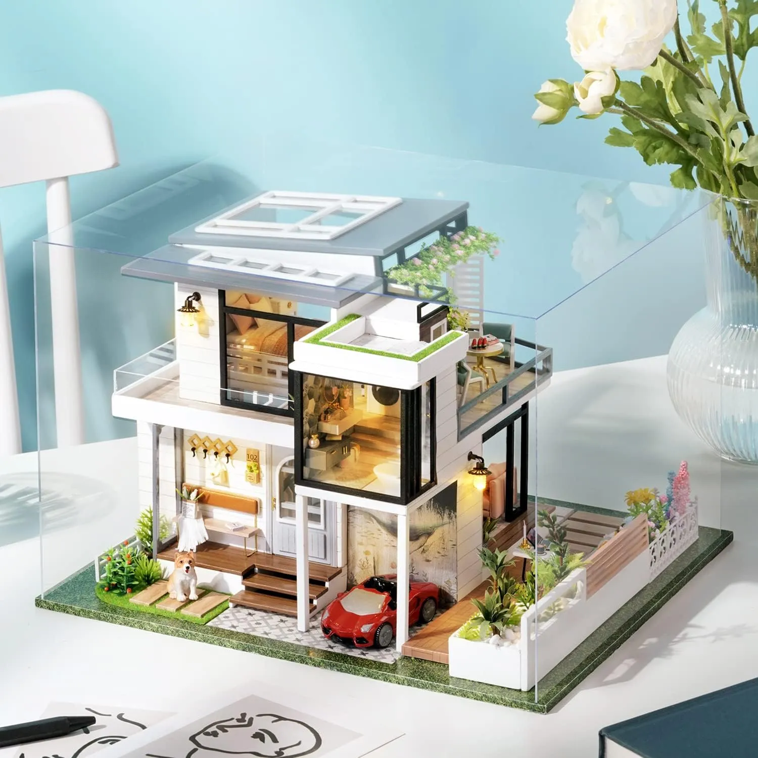 Spilay Dollhouse Miniature with Furniture,DIY Wooden Crafts Doll House Mini Handmade Kit,1:24 Scale Creative Room Idea Gift for Adult Friend Lover (West Creek House with Dust Cover Music Box Car)