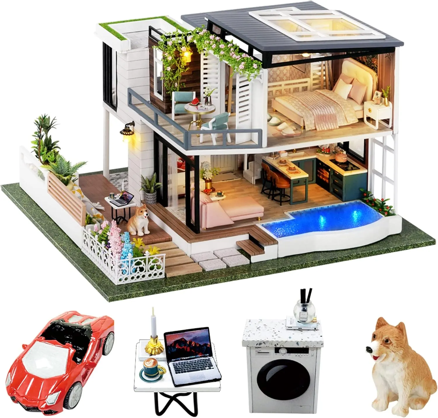 Spilay Dollhouse Miniature with Furniture,DIY Wooden Crafts Doll House Mini Handmade Kit,1:24 Scale Creative Room Idea Gift for Adult Friend Lover (West Creek House with Dust Cover Music Box Car)