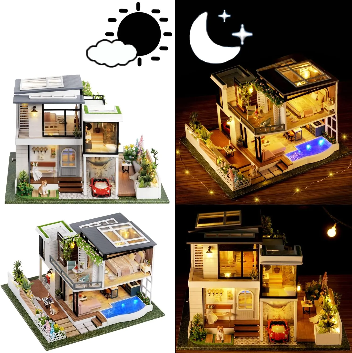 Spilay Dollhouse Miniature with Furniture,DIY Wooden Crafts Doll House Mini Handmade Kit,1:24 Scale Creative Room Idea Gift for Adult Friend Lover (West Creek House with Dust Cover Music Box Car)