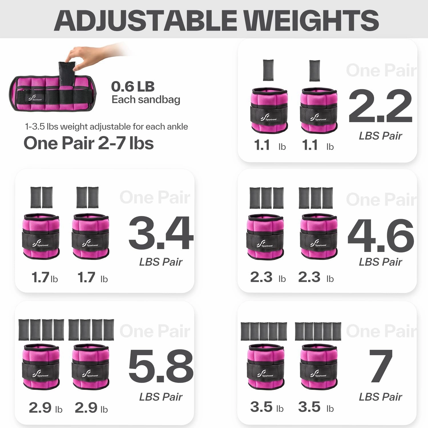 Sportneer Adjustable Ankle Weights for Women and Men 7 lbs/Pair Adjustable Leg Weights with Secure Straps, Strength Training Weighted for Yoga, Walking, Running, Aerobics, Gym, Physical Therapy