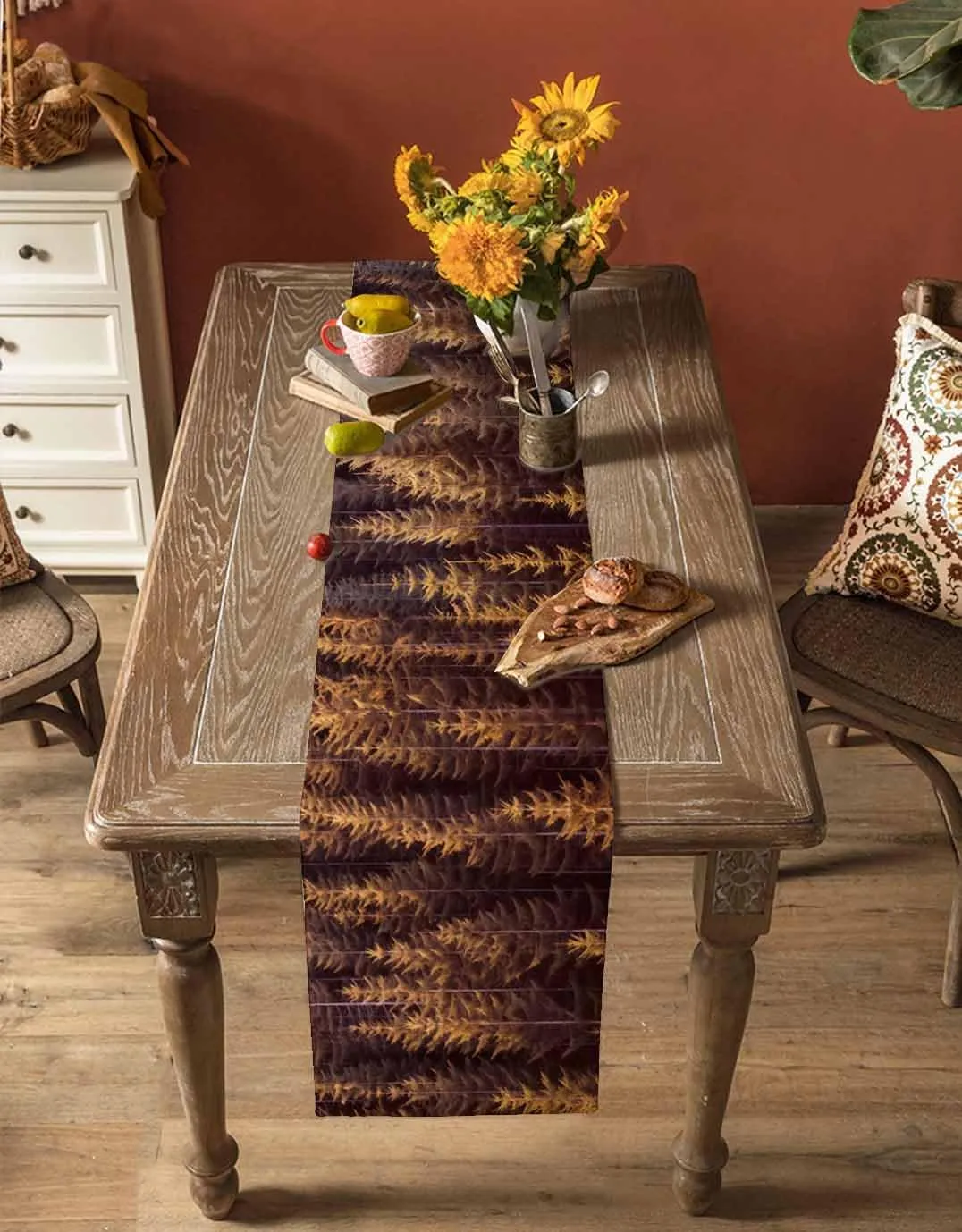 Spring Summer Forest Table Runner-Cotton Linen- 36 Inch Holiday Dresser Scarves, Nature Orange Tree Nature Scenic Tablerunner for Kitchen Coffee/Dining Bedroom Living Room Dinner Scarf Décor 13x36