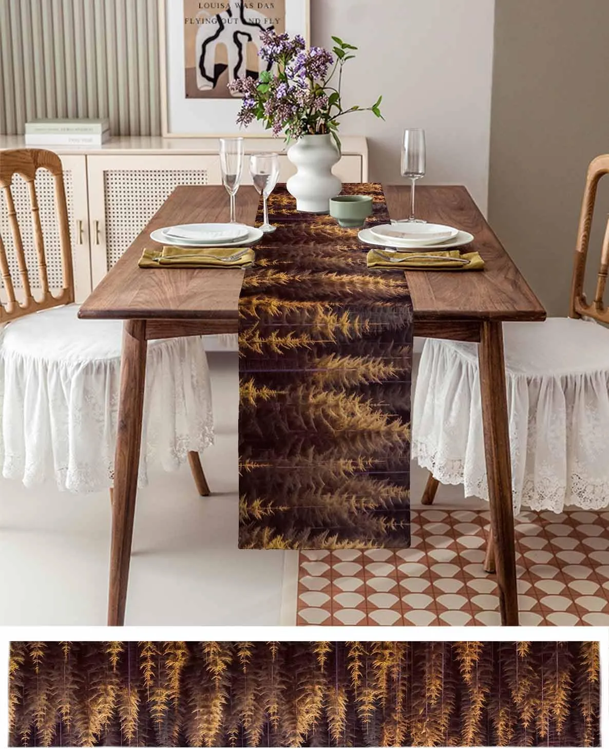Spring Summer Forest Table Runner-Cotton Linen- 36 Inch Holiday Dresser Scarves, Nature Orange Tree Nature Scenic Tablerunner for Kitchen Coffee/Dining Bedroom Living Room Dinner Scarf Décor 13x36