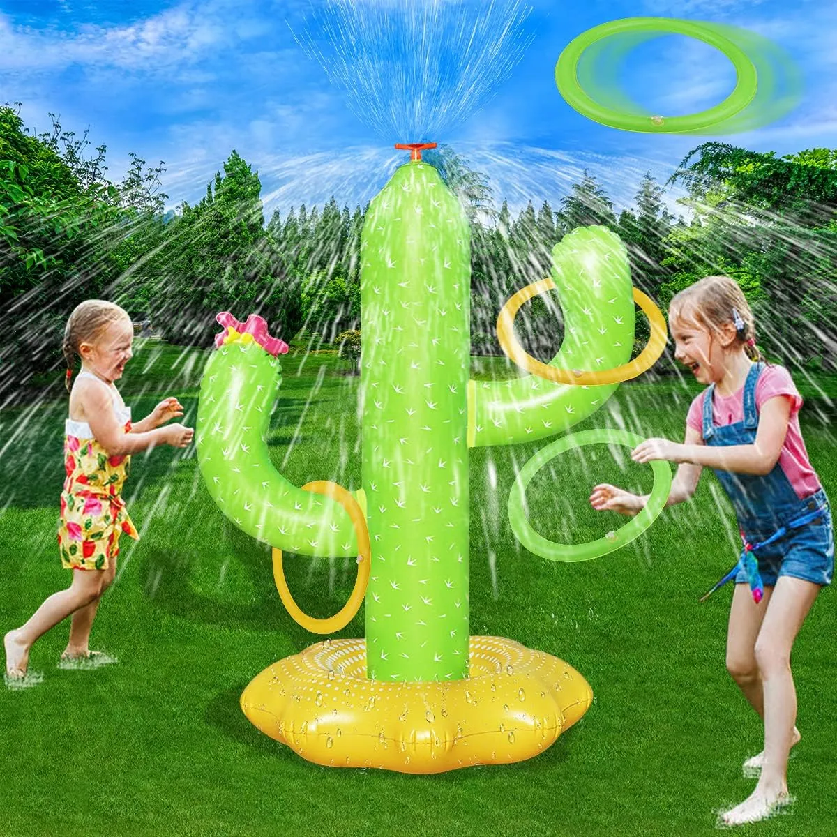 Sprinkler for Kids, Inflatable Cactus Water Toys for Boys Girls, Summer Outdoor Game with 4 Rings, Backyard Water Sprinkler Spray Toy Fun Gifts for Children Ages 3 4 5 6 Years and Up
