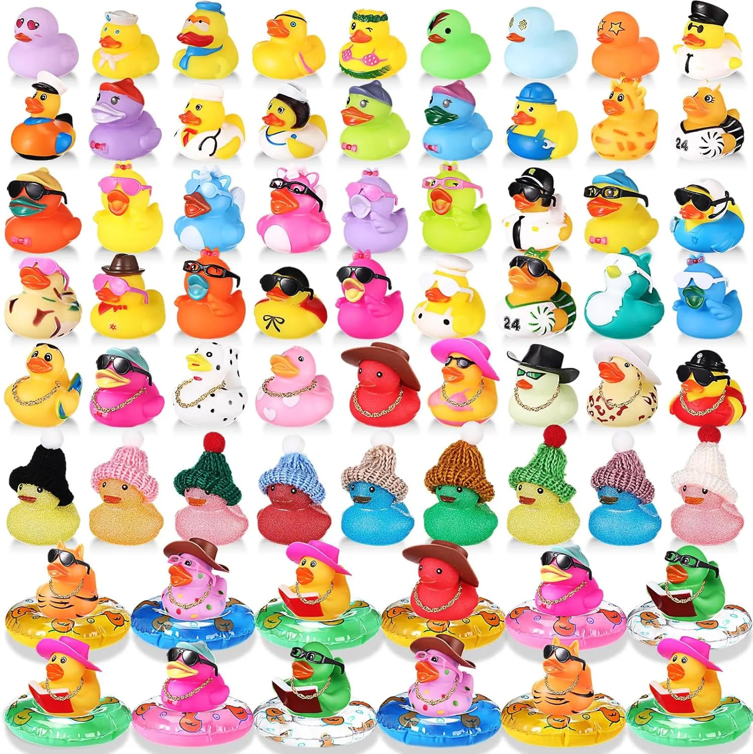 Sratte 140 Pcs Rubber Mini Duck Bulk Halloween Assorted Rubber Ducks Dashboard Decoration Bath Toy Little Duck Sunglasses Necklace Hat Swim Circle Hat for Halloween Birthday Swimming Party Gift Favor