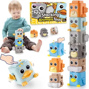 Stacking Toys for Toddlers, 6 Pcs Cause and Effect Animal Push Game, Sensory Montessori Fine Motor Skills Fidget Toys for Ages 2-6