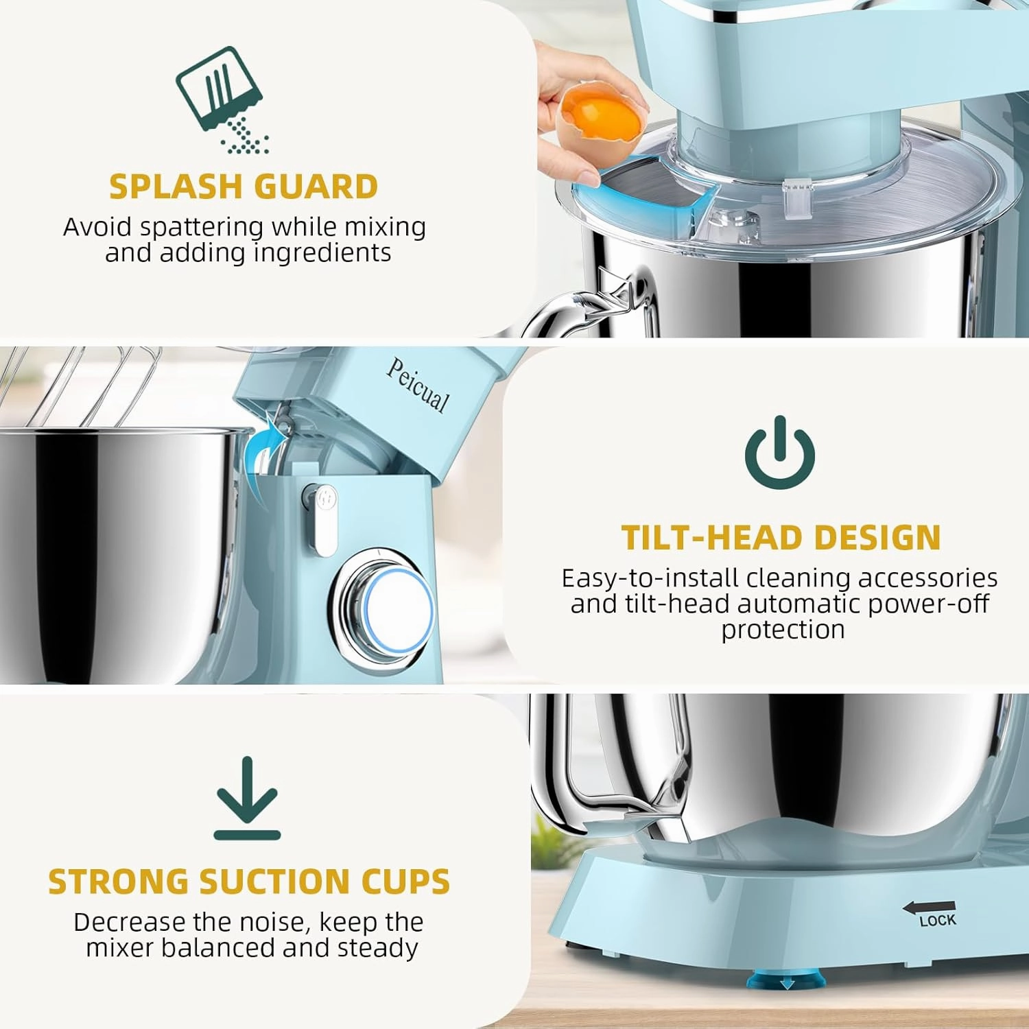 Stand Mixer, 6QT 10 P Speed Tilt-Head Kitchen Electric Mixer, Food Mixer with Stainless Steel Bowl, Dough Hook, Flat Beater, Wire Whisk, Splash Guard-Blue
