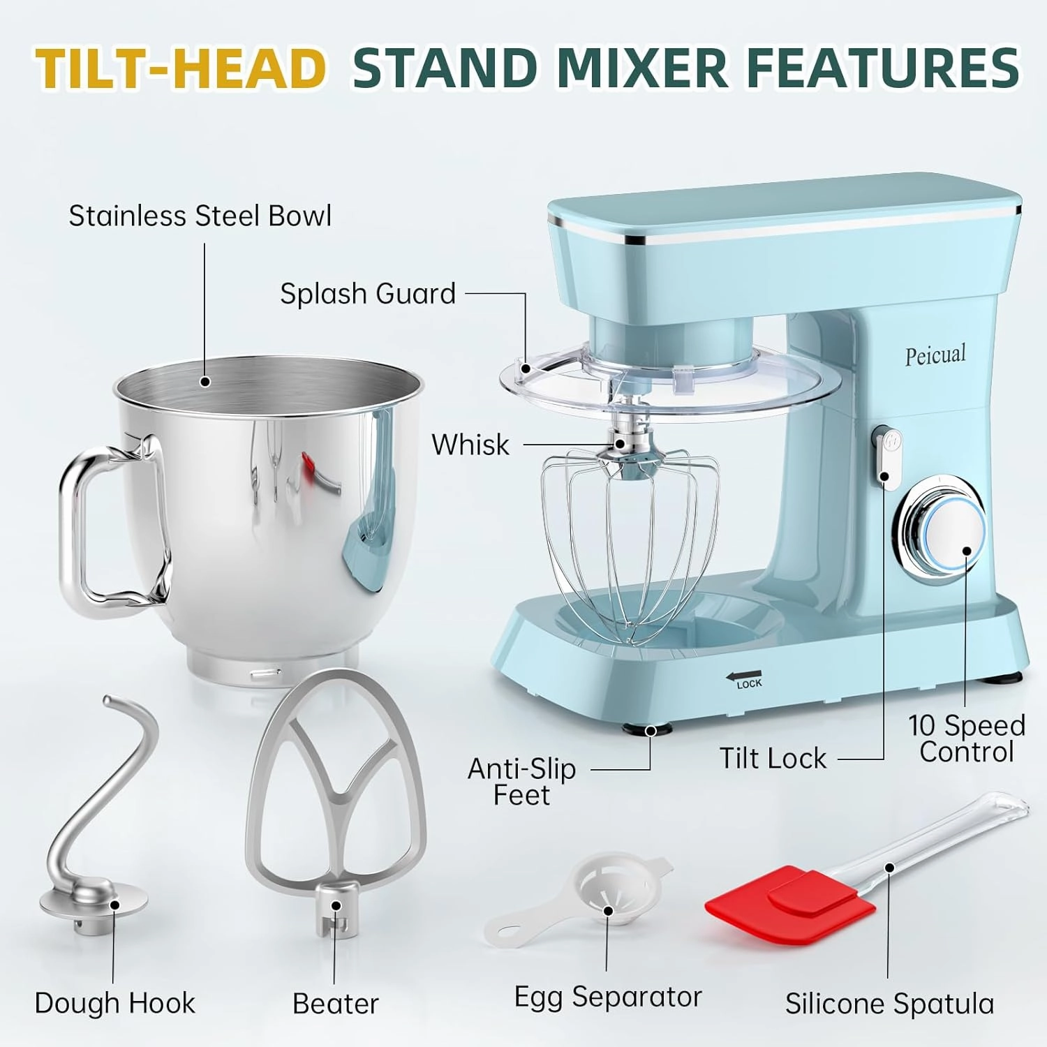 Stand Mixer, 6QT 10 P Speed Tilt-Head Kitchen Electric Mixer, Food Mixer with Stainless Steel Bowl, Dough Hook, Flat Beater, Wire Whisk, Splash Guard-Blue