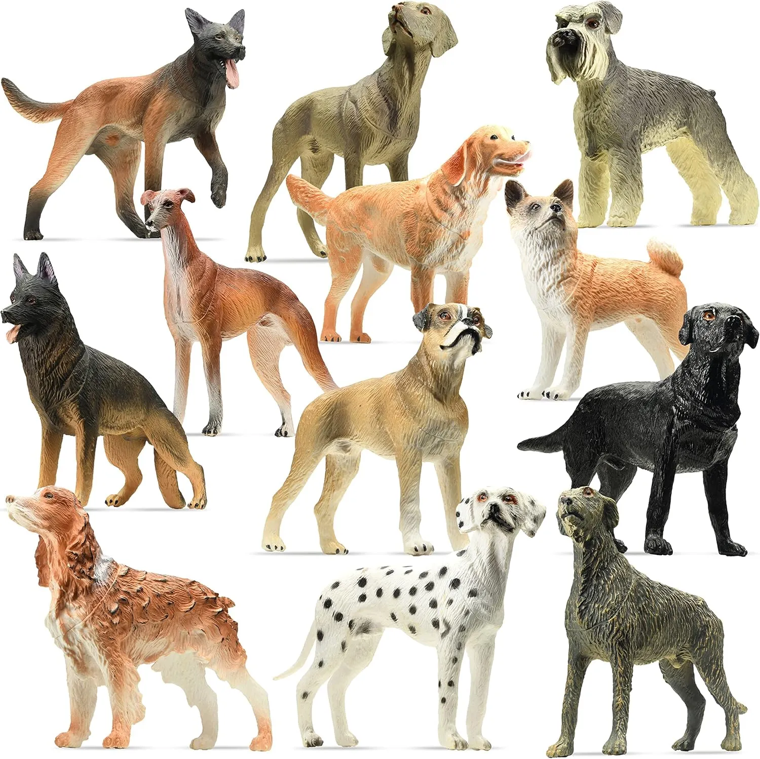 stargo Friendly Dog Figurines for Kids and Toddlers - Plastic Dogs Set of 12 Realistic Play Figures - Non-Toxic Cake Topper, Farm Animal Figurines, 3.5"x5", Age 3 