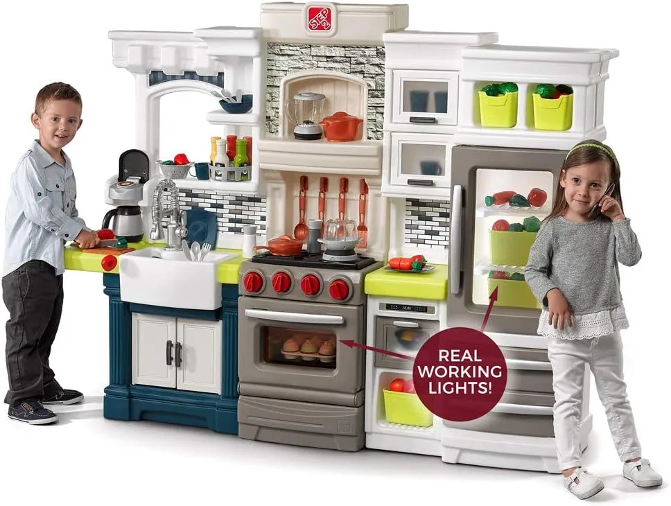Step2 Elegant Edge Kids Kitchen Playset, Indoor/Outdoor Kitchenette, Interactive Play with Lights and Sounds, Made of Durable Plastic, Includes 78 Piece Toy Accessories, For Toddlers 3  Years Old