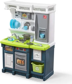 Step2 Lifestyle Custom Kids Kitchen Playset, Indoor/Outdoor Kitchenette, Interactive Play with Lights and Sounds, Made of Durable Plastic, 20 Piece Toy Accessories, Toddlers 2  Years Old, Blue