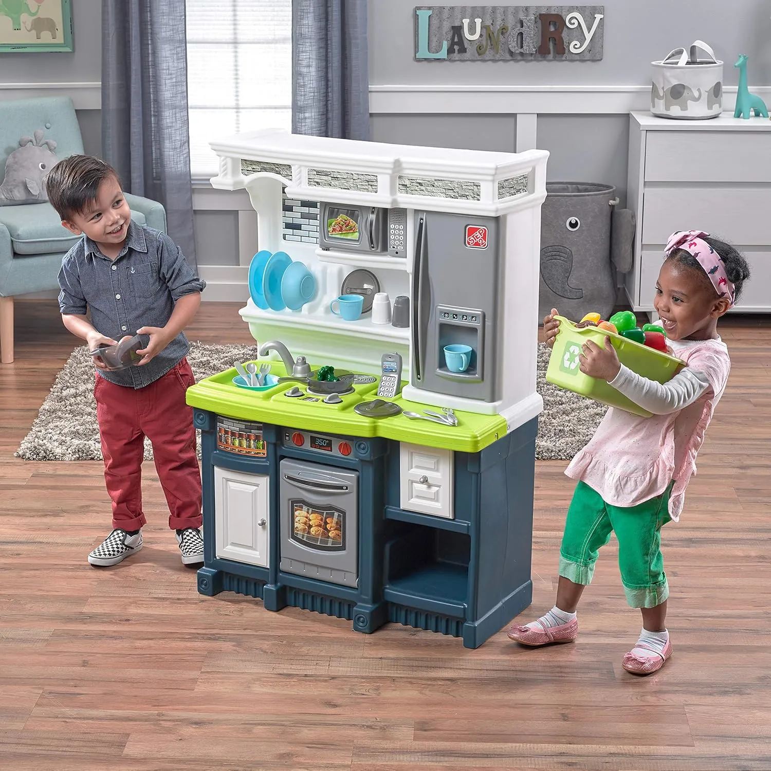 Step2 Lifestyle Custom Kids Kitchen Playset, Indoor/Outdoor Kitchenette, Interactive Play with Lights and Sounds, Made of Durable Plastic, 20 Piece Toy Accessories, Toddlers 2  Years Old, Blue