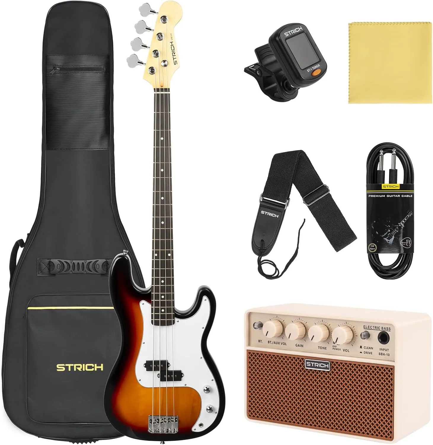STRICH Electric Bass Guitar 4 Strings Full-Size Beginner Kit, PB-Style Standard Bass for Starter with 20w Amp, Bag, Tuner, Strap, Cable, SPB-S10 Sunburst