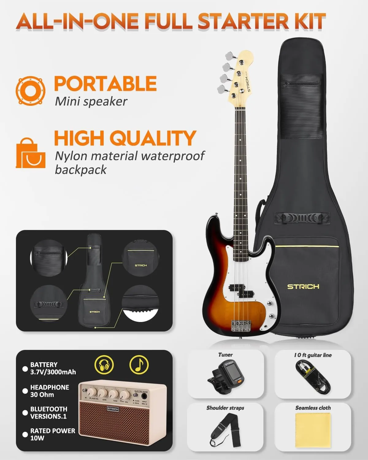 STRICH Electric Bass Guitar 4 Strings Full-Size Beginner Kit, PB-Style Standard Bass for Starter with 20w Amp, Bag, Tuner, Strap, Cable, SPB-S10 Sunburst