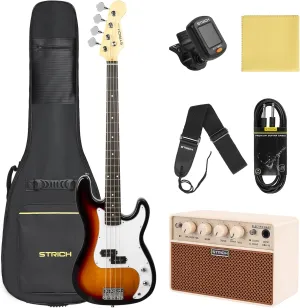 STRICH Electric Bass Guitar 4 Strings Full-Size Beginner Kit, PB-Style Standard Bass for Starter with 20w Amp, Bag, Tuner, Strap, Cable, SPB-S10 Sunburst