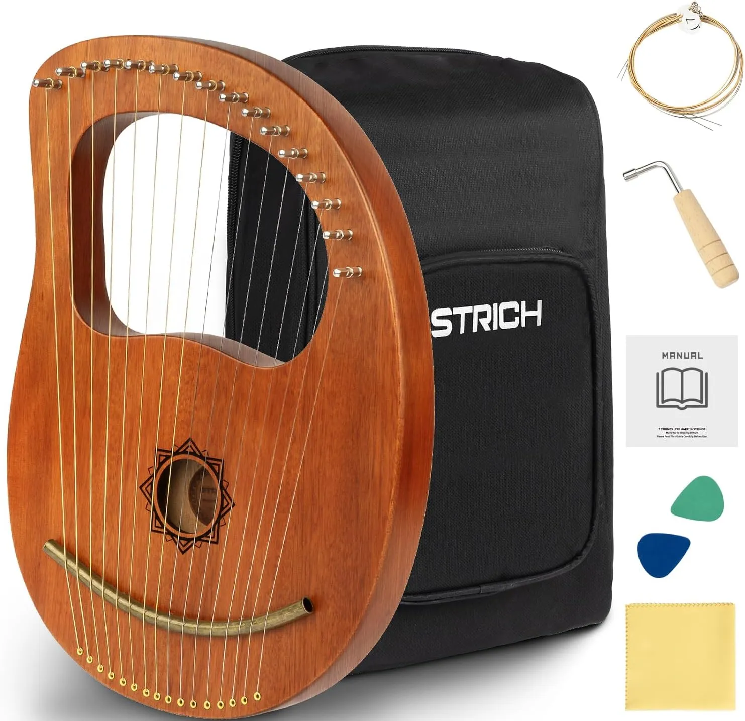 STRICH Lyre Harp 16 Strings, Mahogany Body, Bone Saddle, Complete Accessories Set with Gig Bag, Tuning Wrench, Spare Strings for Beginner