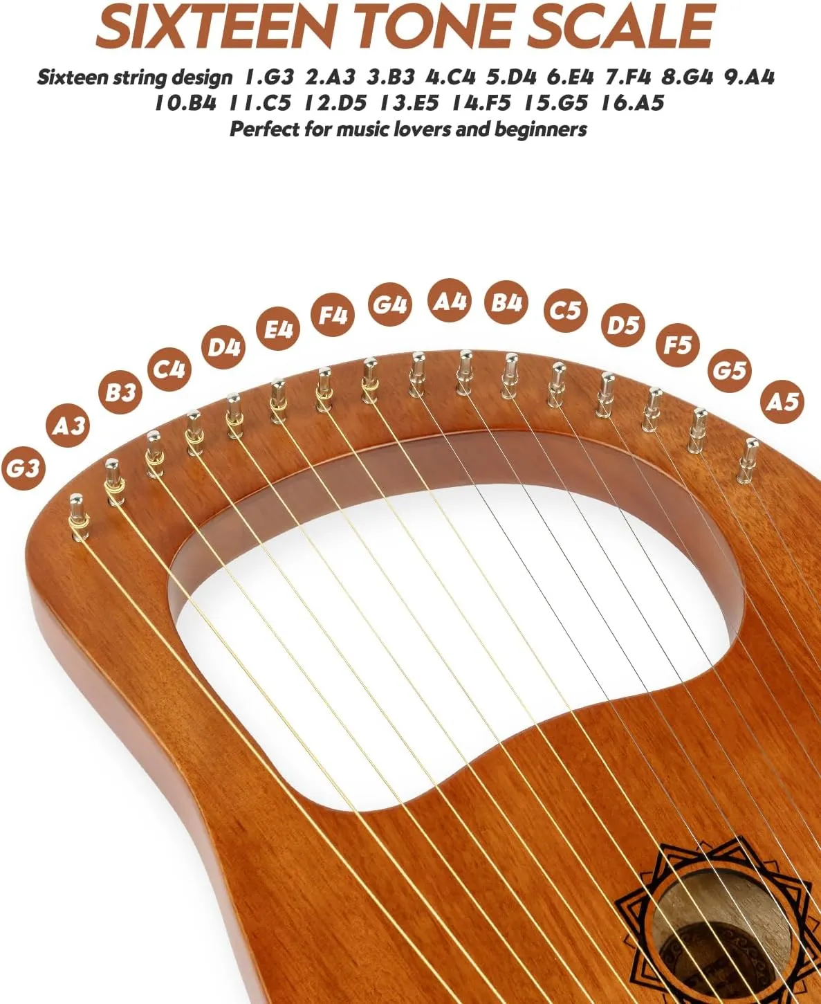 STRICH Lyre Harp 16 Strings, Mahogany Body, Bone Saddle, Complete Accessories Set with Gig Bag, Tuning Wrench, Spare Strings for Beginner