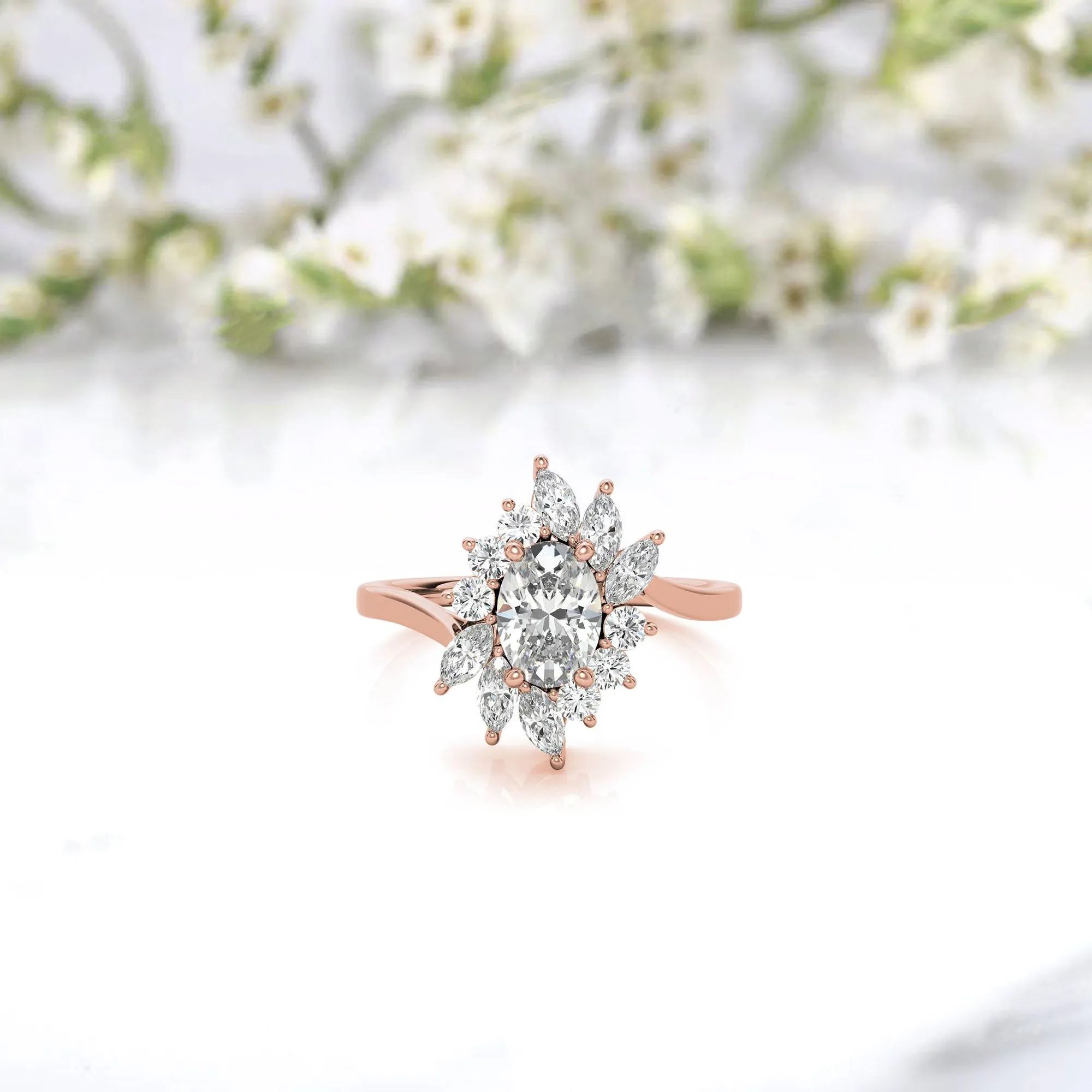 Stunning Floral Halo Adjustable Sterling Silver Ring - Rose Gold Plated
