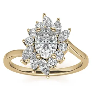 Stunning Oval Halo Ring - Adjustable Sterling Silver with Yellow Gold Plating