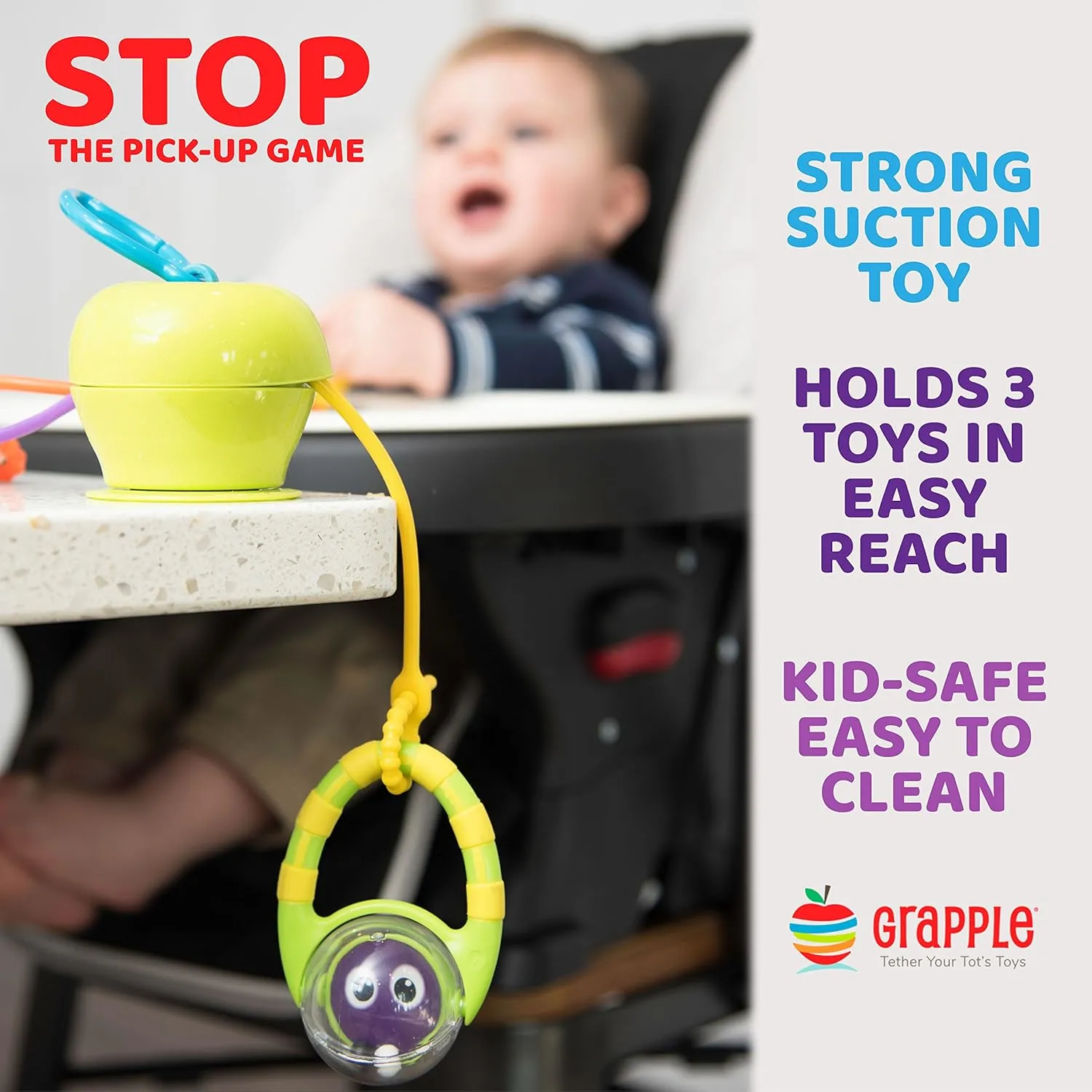 Suction Cup High Chair Toys Holder | 3 Toy Tethers Keep Toys from Falling | Holds Teethers, Toys, Snack Cups | for Babies 6-12 Months | Perfect for Travel and Restaurant