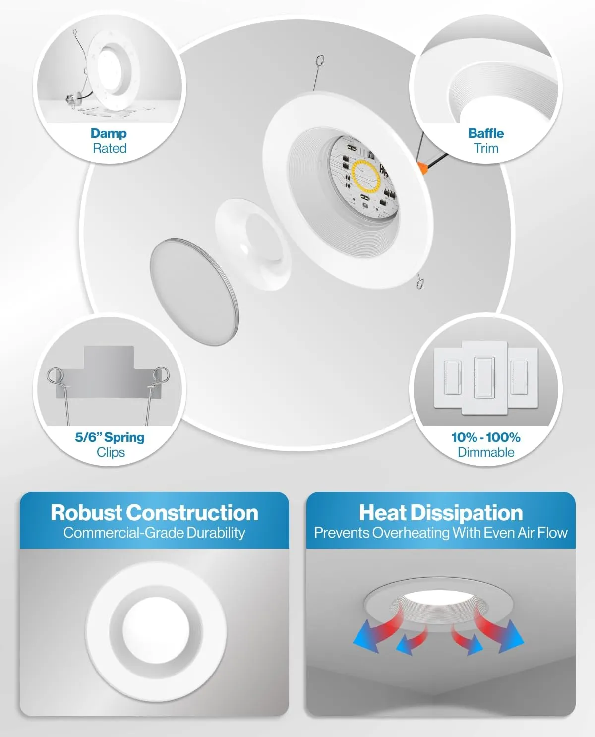 Sunco Retrofit LED Recessed Lighting 6 Inch, Downlight Can Lights for Ceiling, Baffle Trim, 965 LM, 13W (120W Equivalent), 2700K Soft White, Dimmable, Damp Rated UL 4 Pack.