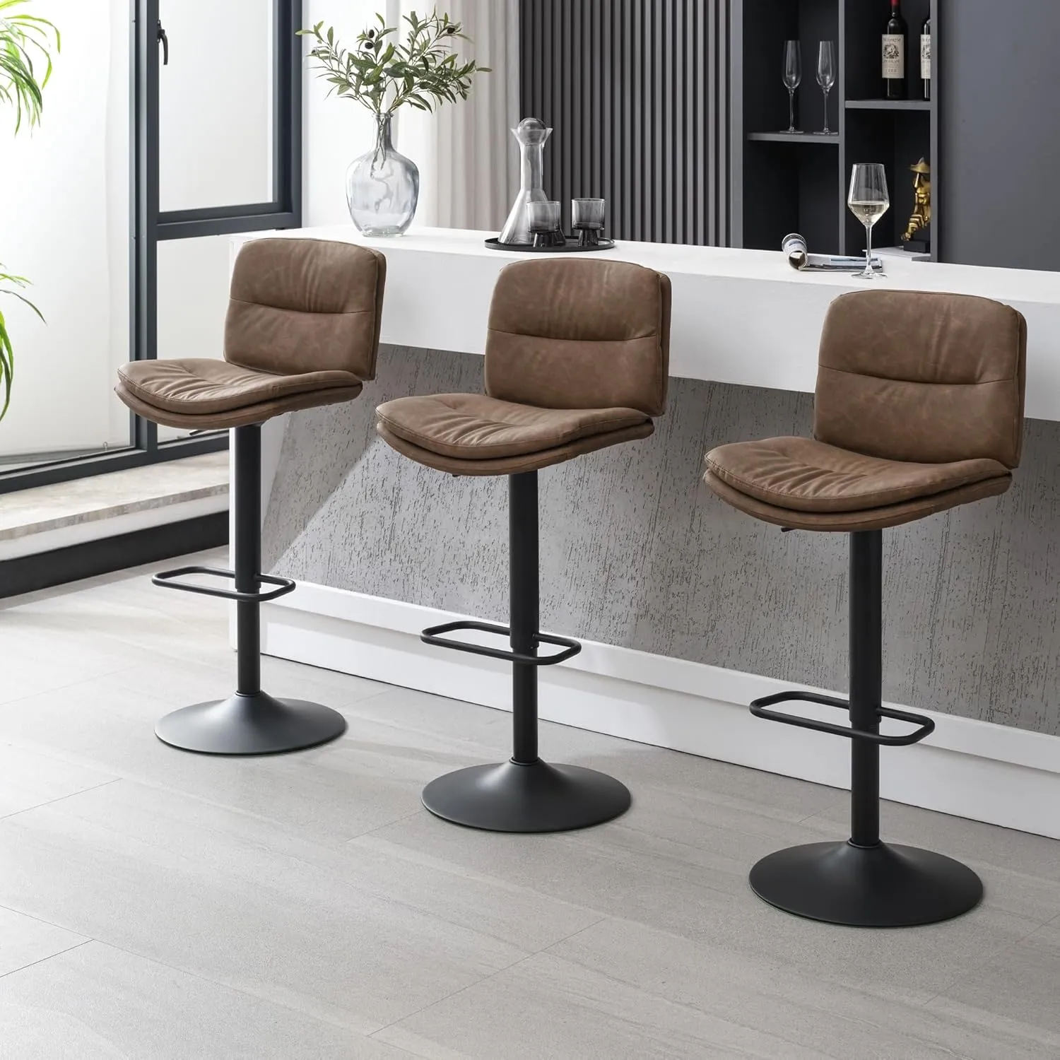 Swivel Bar Stools Set of 3, Double-Layer Upholstered Counter Height Bar Stools with Back, Adjustable Bar Stool 24"-32", Faux Leather Barstools for Kitchen Island (Tan, 3PCS (24"-32"))