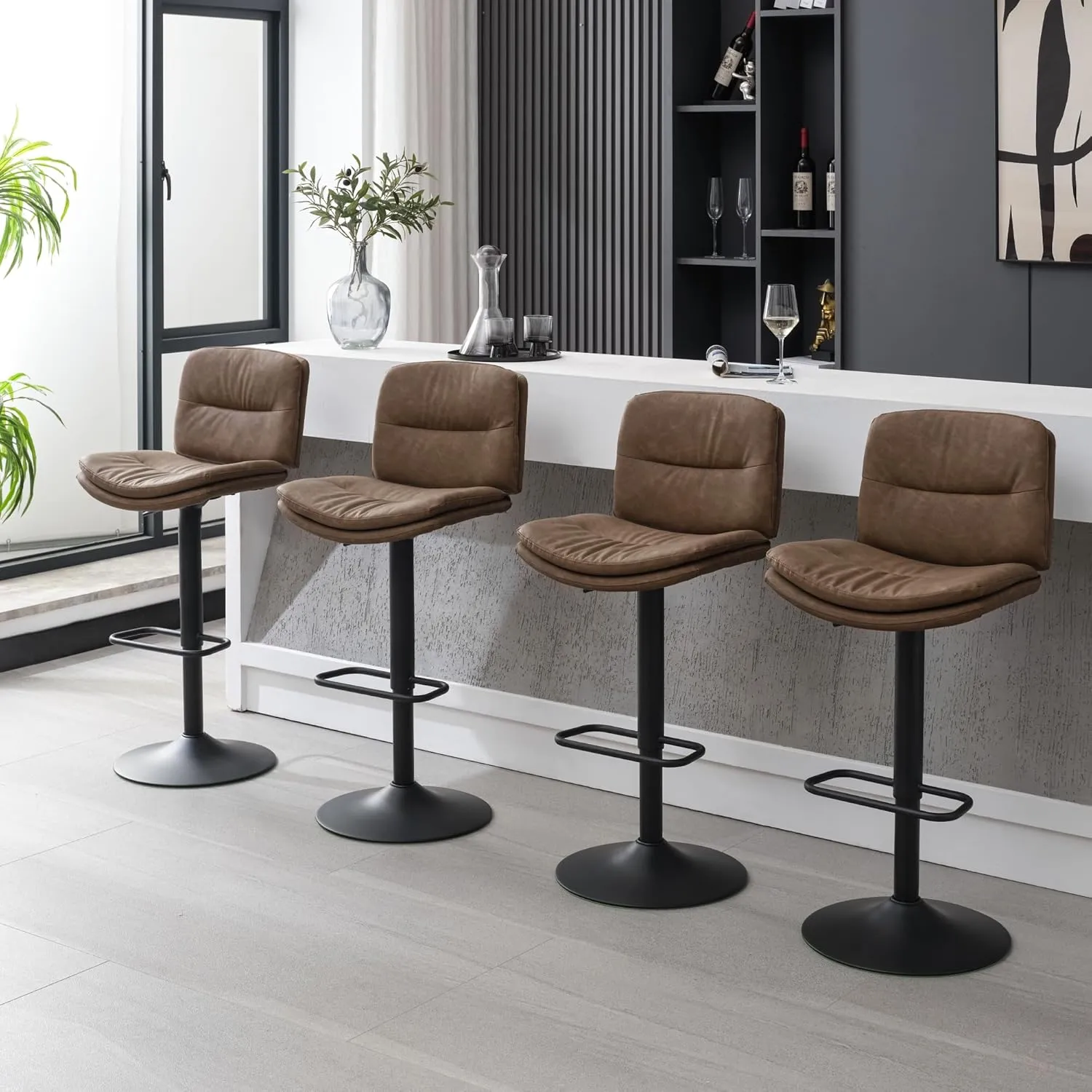 Swivel Bar Stools Set of 3, Double-Layer Upholstered Counter Height Bar Stools with Back, Adjustable Bar Stool 24"-32", Faux Leather Barstools for Kitchen Island (Tan, 3PCS (24"-32"))