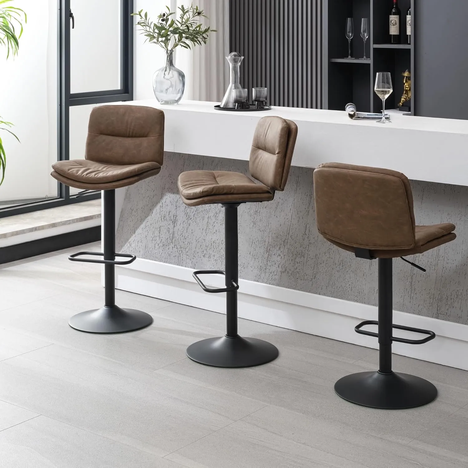 Swivel Bar Stools Set of 3, Double-Layer Upholstered Counter Height Bar Stools with Back, Adjustable Bar Stool 24"-32", Faux Leather Barstools for Kitchen Island (Tan, 3PCS (24"-32"))