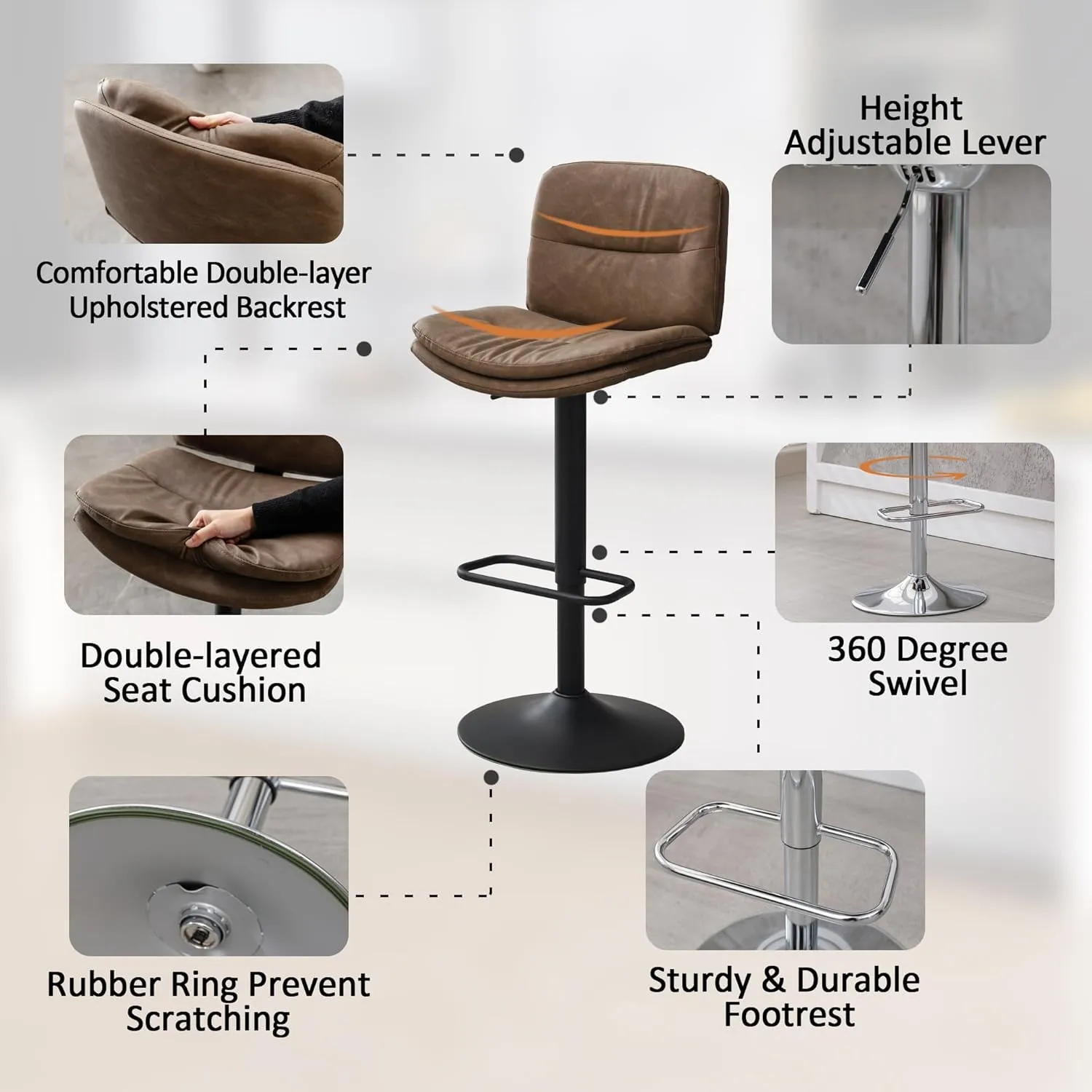 Swivel Bar Stools Set of 3, Double-Layer Upholstered Counter Height Bar Stools with Back, Adjustable Bar Stool 24"-32", Faux Leather Barstools for Kitchen Island (Tan, 3PCS (24"-32"))
