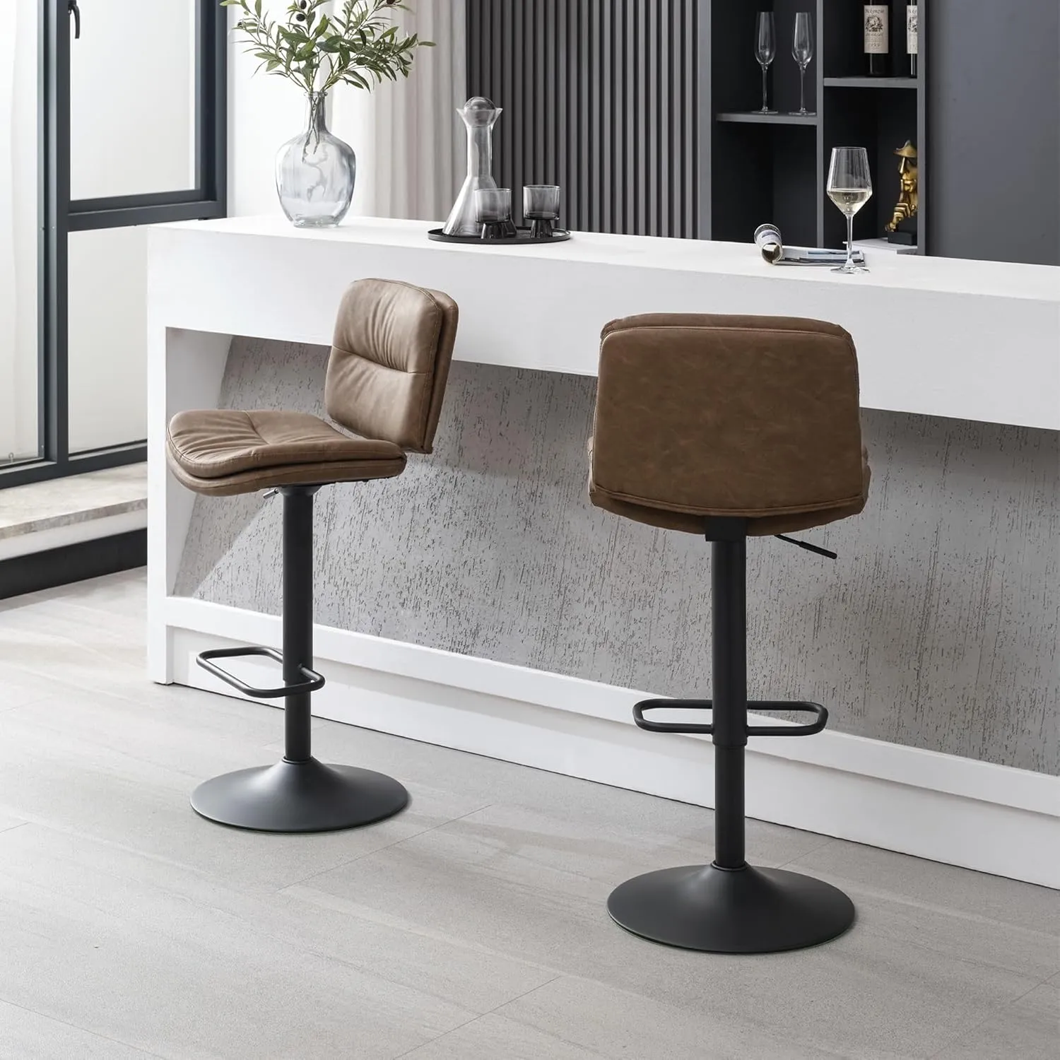 Swivel Bar Stools Set of 3, Double-Layer Upholstered Counter Height Bar Stools with Back, Adjustable Bar Stool 24"-32", Faux Leather Barstools for Kitchen Island (Tan, 3PCS (24"-32"))