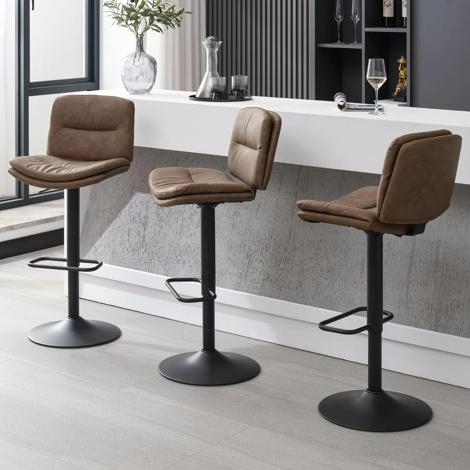 Swivel Bar Stools Set of 3, Double-Layer Upholstered Counter Height Bar Stools with Back, Adjustable Bar Stool 24"-32", Faux Leather Barstools for Kitchen Island (Tan, 3PCS (24"-32"))