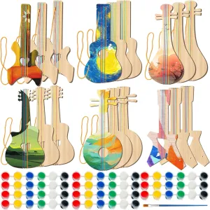 Syhood 18 Pcs DIY Wood Guitar for Kids (6 Difference Designs) with 18 Set of Pigments (6 Colors), Christmas Kids Gift for Boys Girls Crafts Birthday Class Party Music Theme Party(Classic Style)
