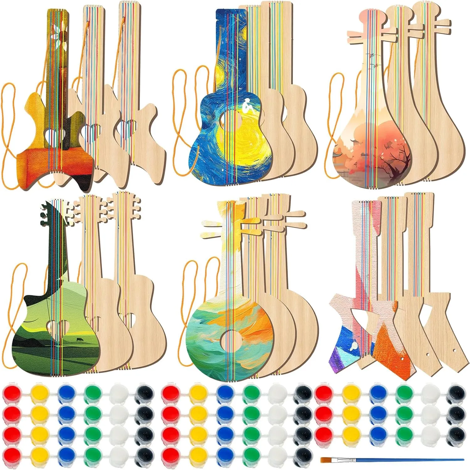 Syhood 18 Pcs DIY Wood Guitar for Kids (6 Difference Designs) with 18 Set of Pigments (6 Colors), Christmas Kids Gift for Boys Girls Crafts Birthday Class Party Music Theme Party(Classic Style)