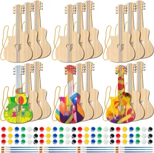 Syhood 18 Pcs DIY Wood Guitar for Kids with 18 Set of Pigments 6 Colors Christmas Kids Gift for Boys Girls Crafts and Art Birthday Class Party Music Theme Party(Classic)