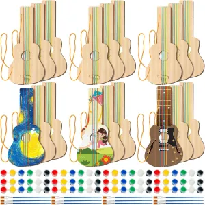 Syhood 18 Pcs DIY Wood Guitar for Kids with 18 Set of Pigments 6 Colors Christmas Kids Gift for Boys Girls Crafts and Art Birthday Class Party Music Theme Party(Standard)