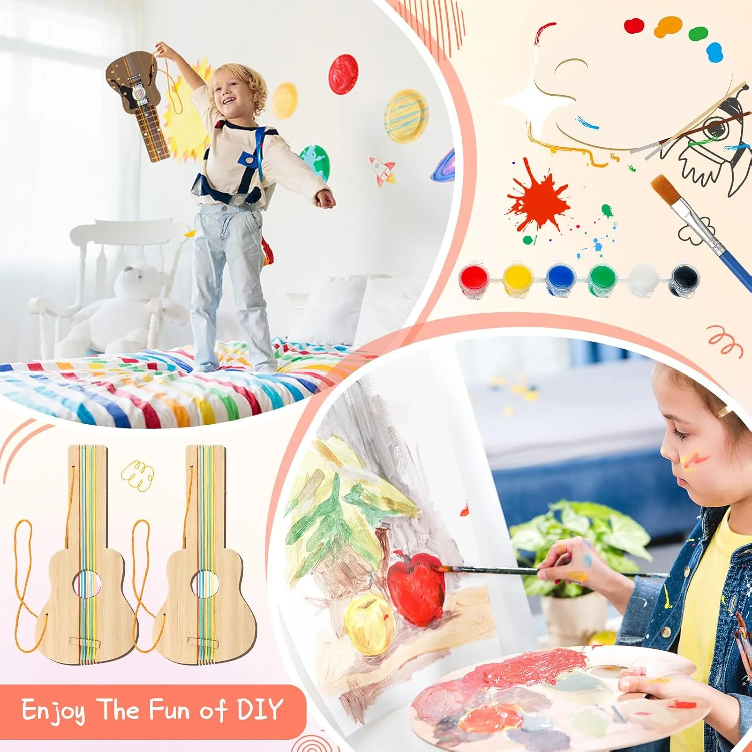 Syhood 18 Pcs DIY Wood Guitar for Kids with 18 Set of Pigments 6 Colors Christmas Kids Gift for Boys Girls Crafts and Art Birthday Class Party Music Theme Party(Standard)