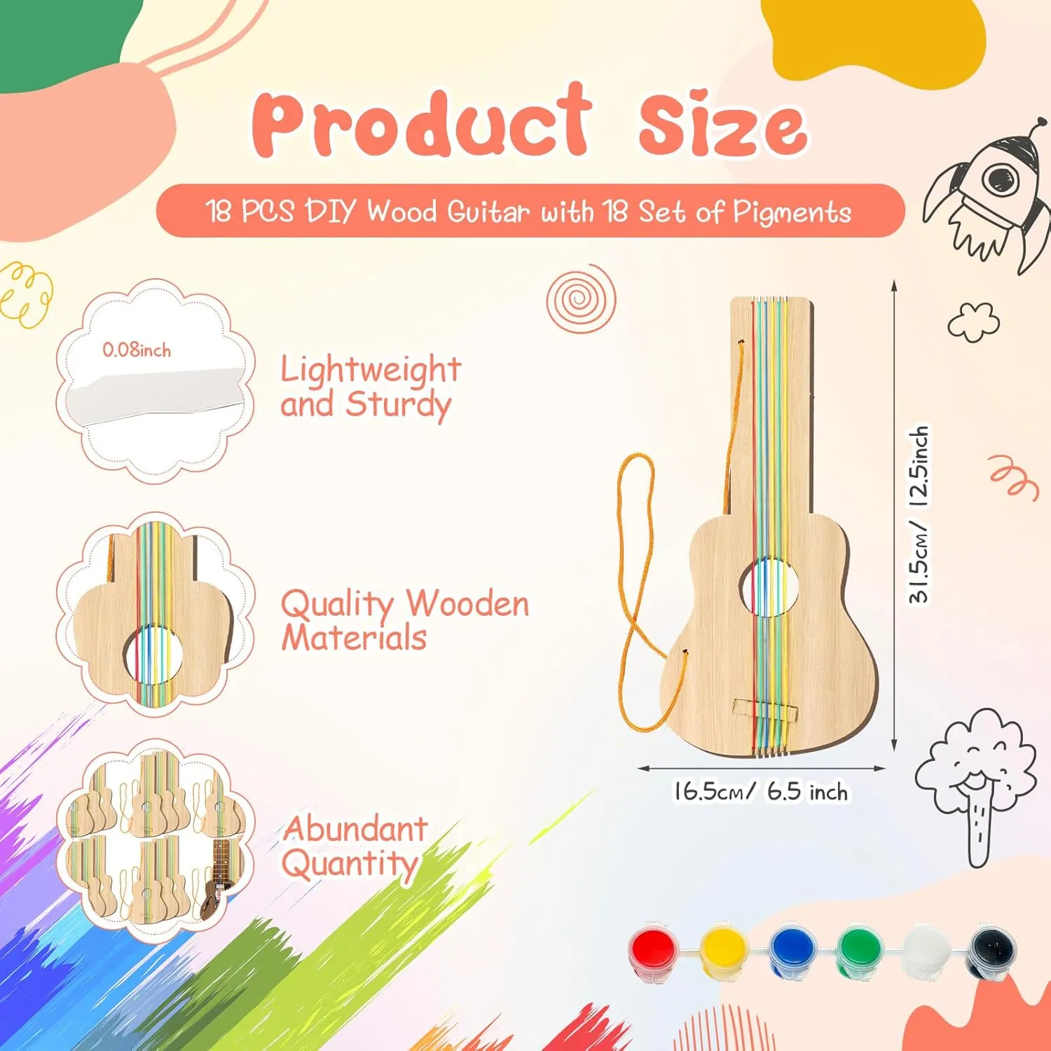 Syhood 18 Pcs DIY Wood Guitar for Kids with 18 Set of Pigments 6 Colors Christmas Kids Gift for Boys Girls Crafts and Art Birthday Class Party Music Theme Party(Standard)