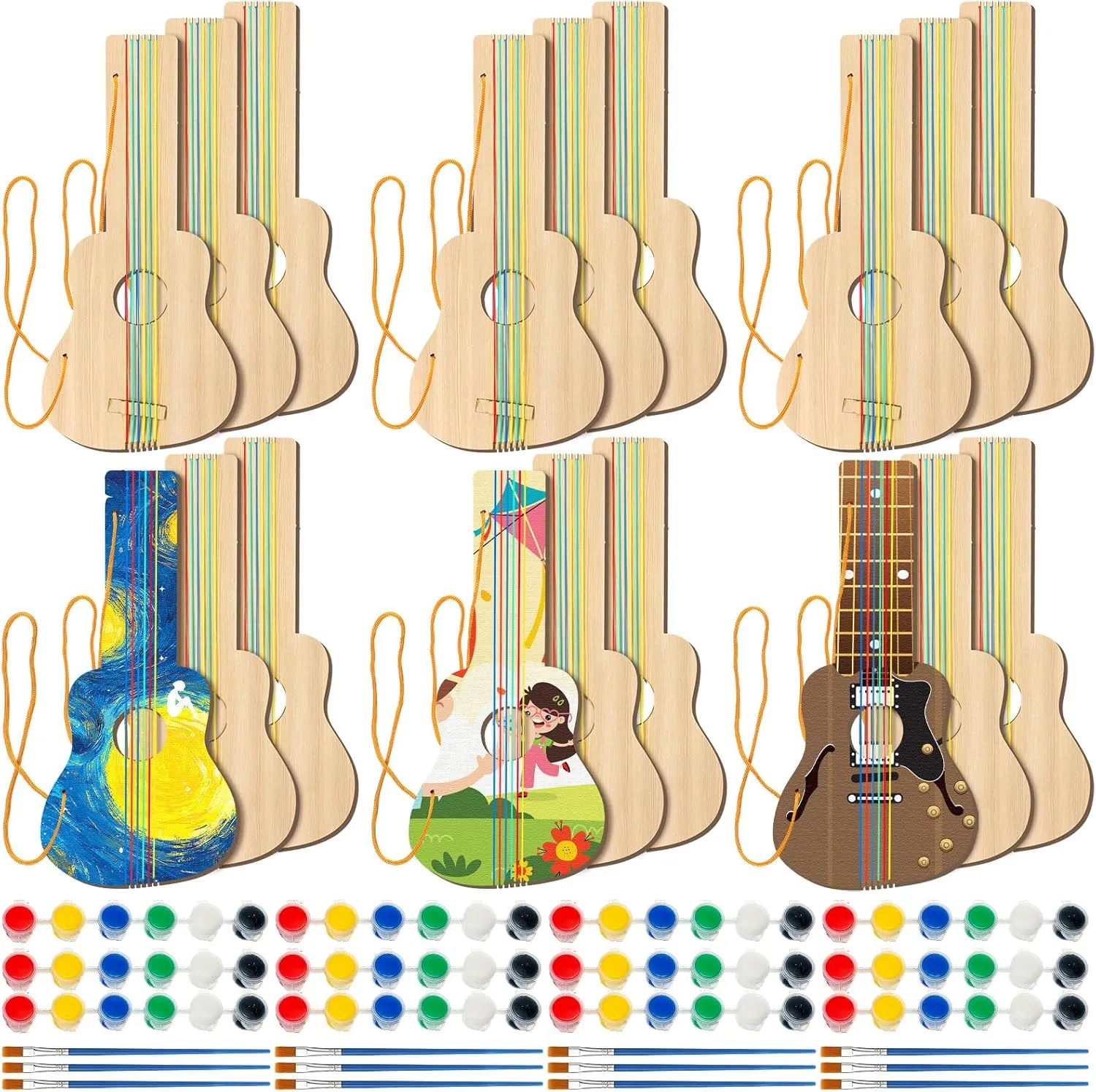 Syhood 18 Pcs DIY Wood Guitar for Kids with 18 Set of Pigments 6 Colors Christmas Kids Gift for Boys Girls Crafts and Art Birthday Class Party Music Theme Party(Standard)