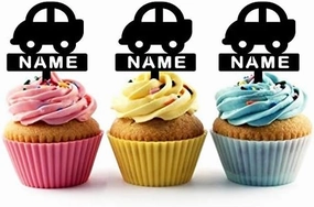TA0615 Mini Car Silhouette Party Wedding Birthday Acrylic Cupcake Toppers Decor 10 pcs with Personalized Your Name